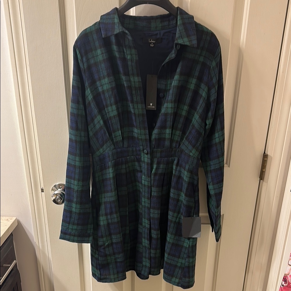 LuLus Green and Blue Plaid Shirt Dress